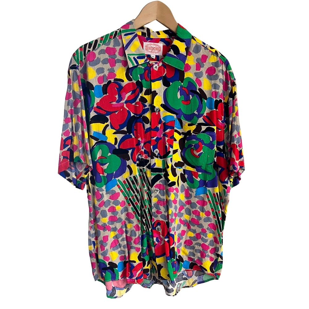 VTG Jams World Mens M Rayon Abstract Floral Button Down Aloha Shirt Hawaii USA